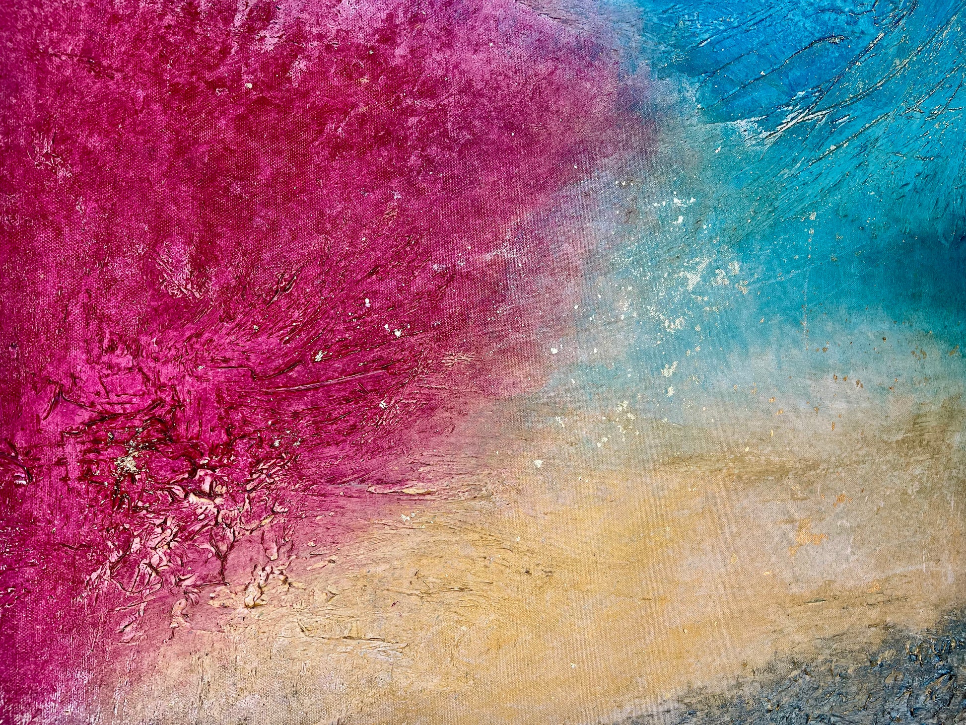 Meeresleuchten 120x80 cm – Farbdetail Acrylbild Unikat MMS Living Mallorca blau gelb magenta leuchtend mit Gold Akzenten Mallorca für Dein zu Hause Geschenk