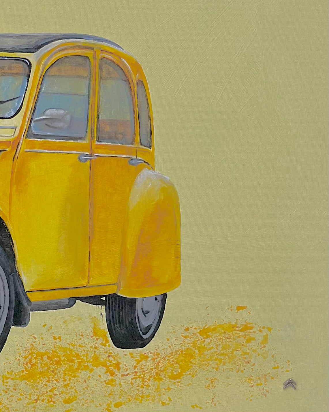 MMS Living hangemaltes Unikat Detailansicht Ente 2 CV Citroen gelb Geschenk Kunst art Classic Cars 