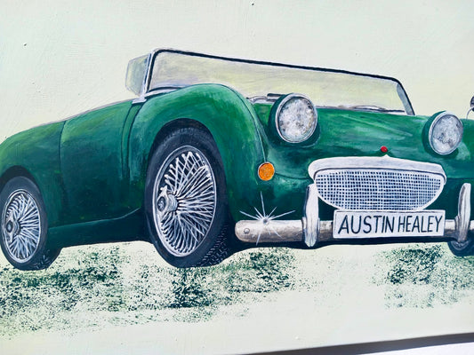Austin Healey Sprite MK1 Frogeye – handgemaltes Acrylbild Oldtimer Kunst Raumansicht Classic Cars Geschenk Gift 