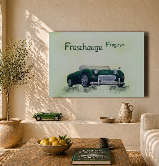 Austin Healey Sprite MK1 Frogeye – handgemaltes Acrylbild Oldtimer Kunst Raumansicht Classic Cars Geschenk Gift 