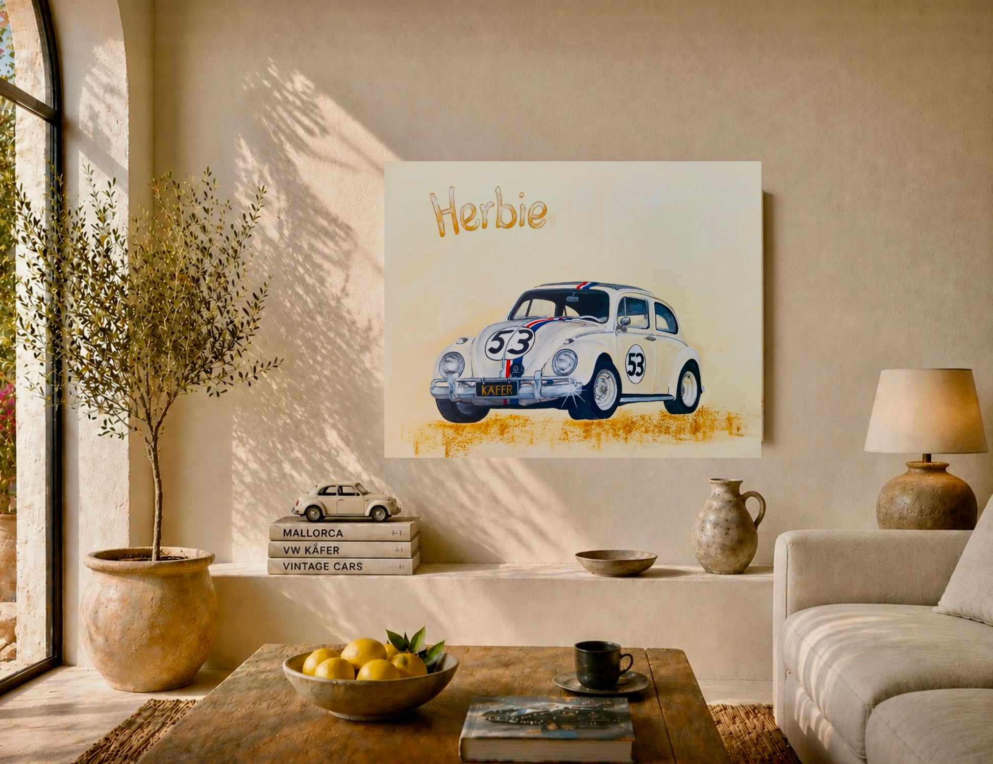 Herbie VW Käfer Bild Kunst MMS Living Hangemaltes Unikat Acryl auf Leinwand in Raumansicht