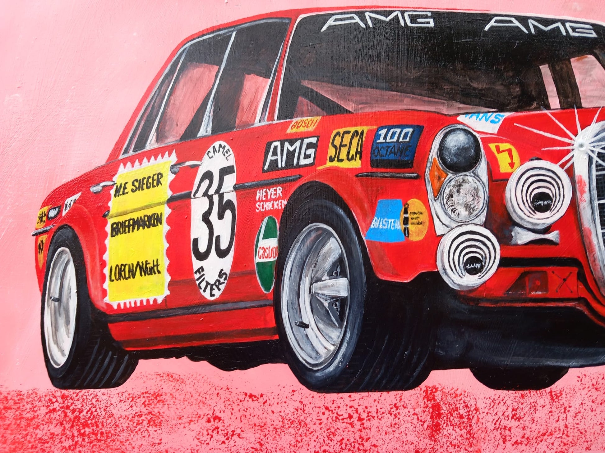 Handgemaltes Unikat der roten Sau Rennwagen Mercedes 300 SEL Schicketanz Acryl auf Leinwand Geschenk Oldtimer Liebhaber Classic Car Art