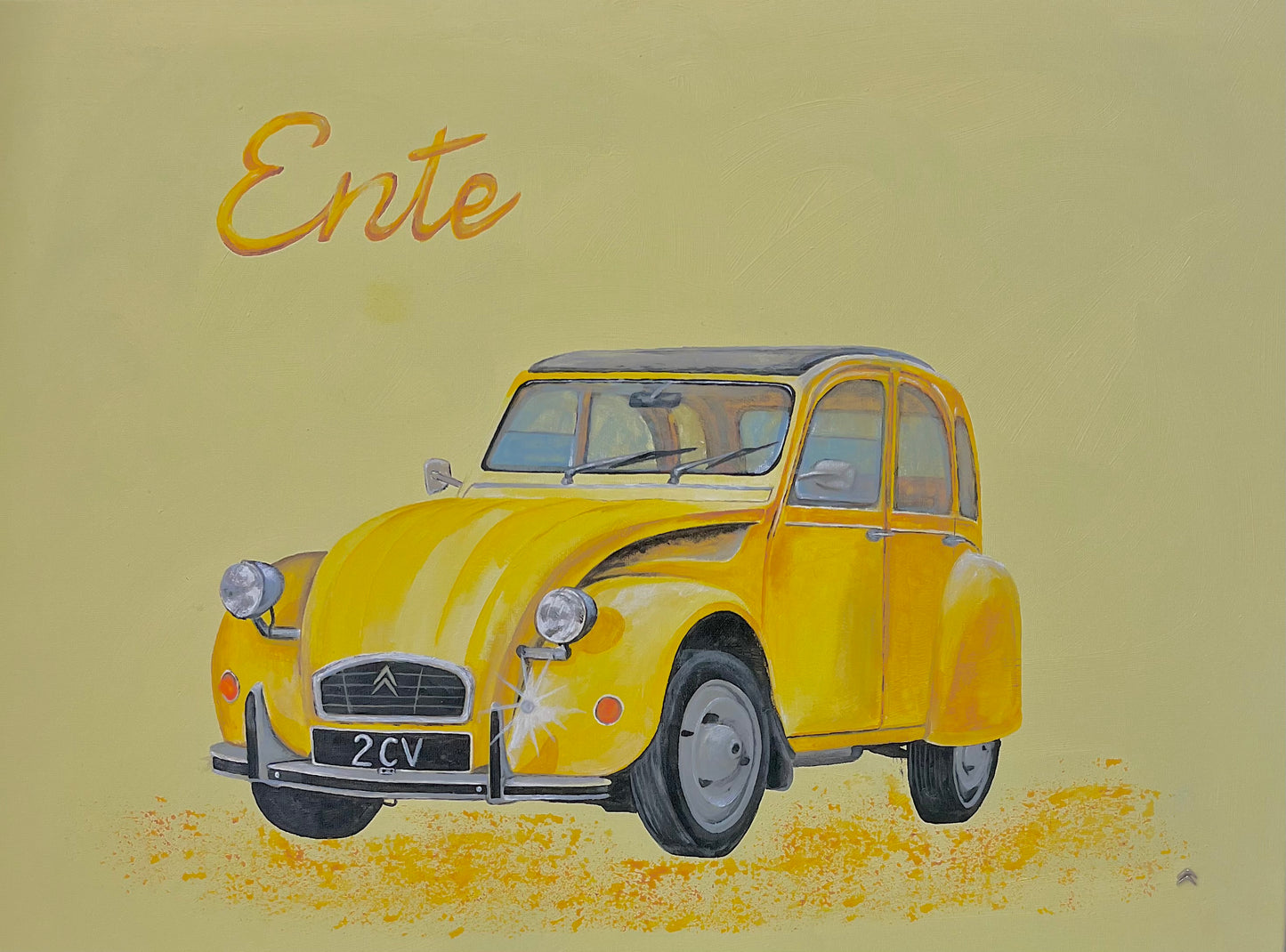 Die Ente 2 CVKultauto in gleb handgemaltes Unikat auf Leinwand in Acryl mit Citroen Pin