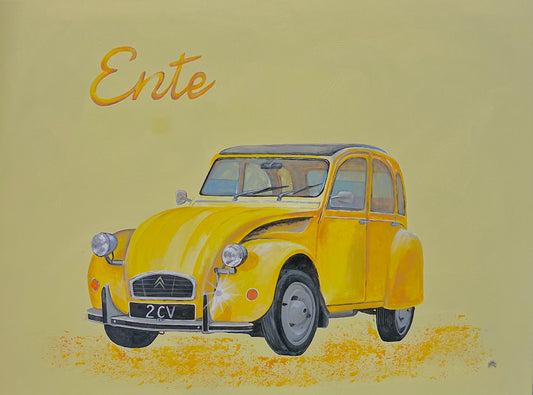 Die Ente 2 CVKultauto in gleb handgemaltes Unikat auf Leinwand in Acryl mit Citroen Pin