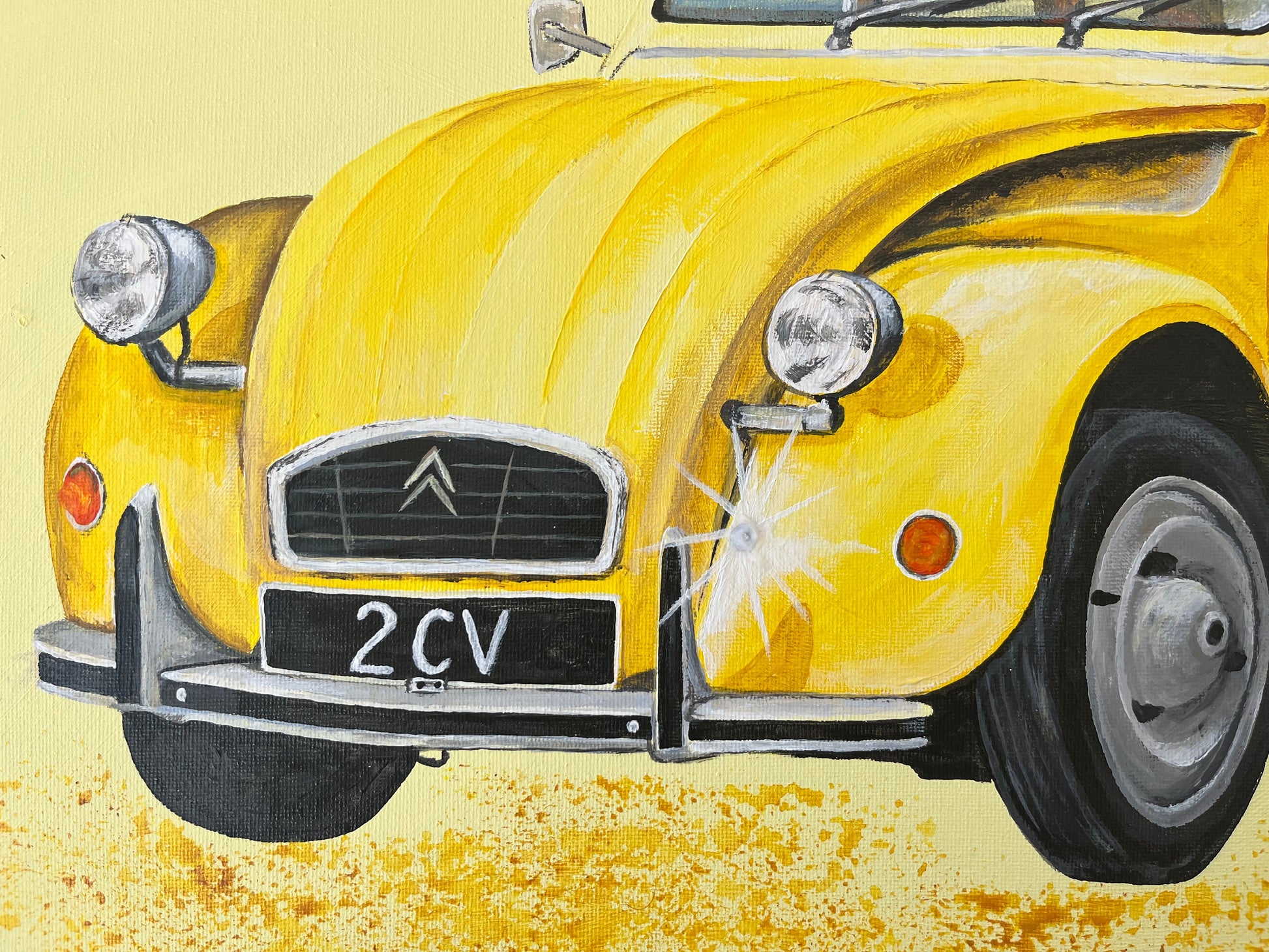 MMS Living Kunst Oldtimer Classic Cars Ente 2 CV gelb Citröen Unikat Geschenk Kunst Acryl auf Leinwand