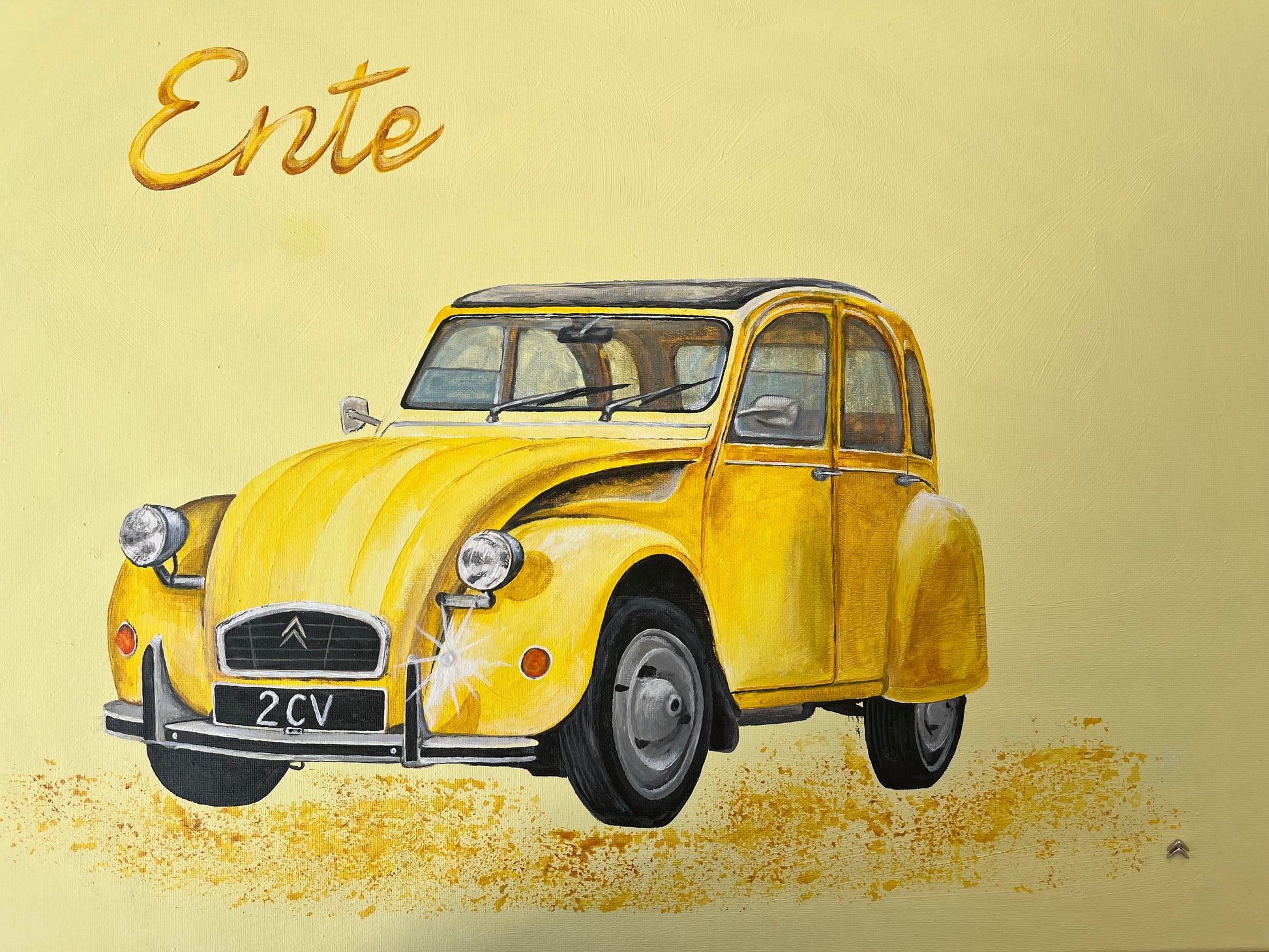 MMS Living handgemaltes Unikat Ente 2 CV gelb Citröen Geschenk Student Frankreich Oldtimer Classic Car Kunst 