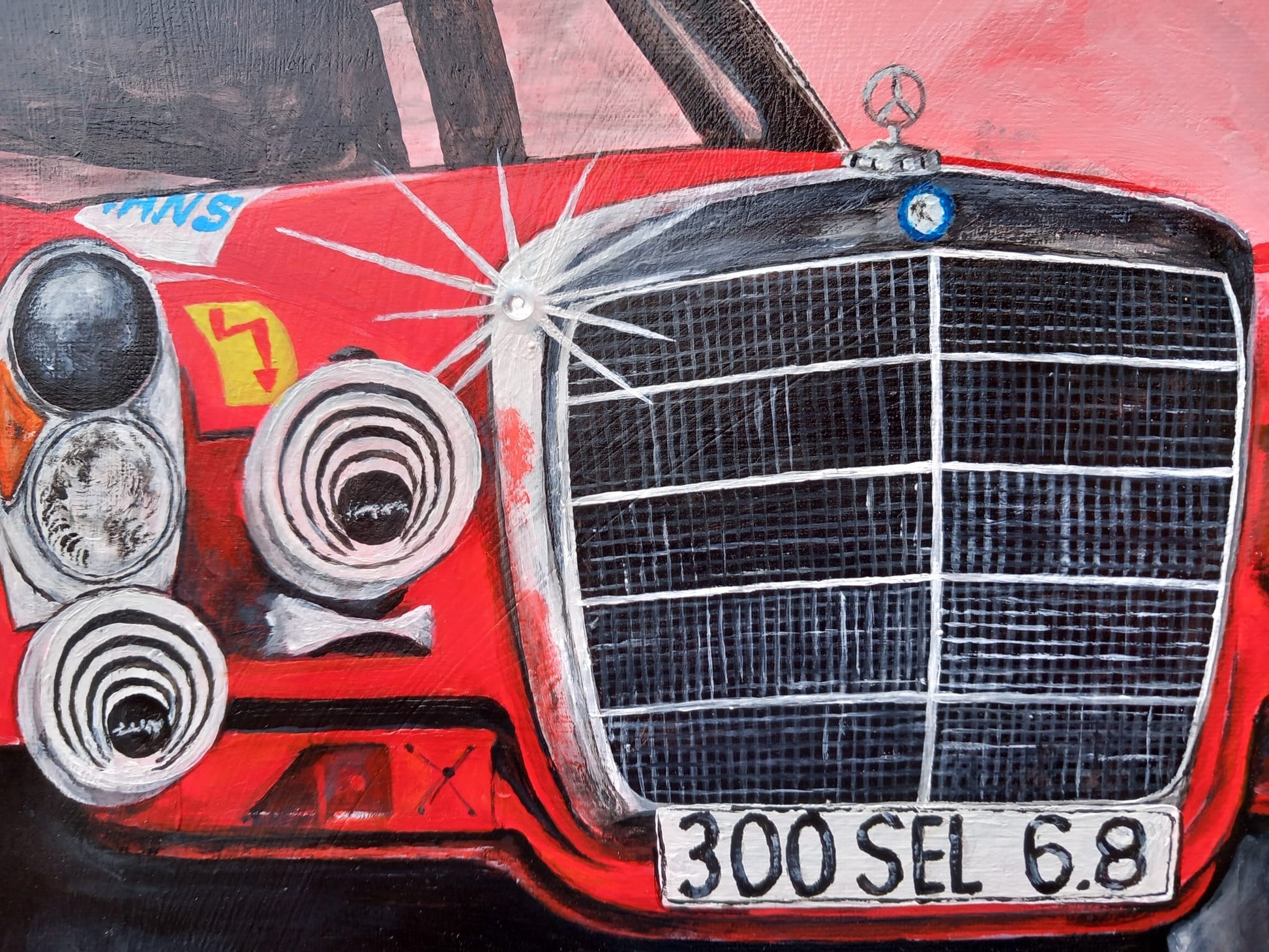 Detailbild Handgemaltes Unikat der roten Sau Rennwagen Mercedes 300 SEL Schicketanz Acryl auf Leinwand Geschenk Oldtimer Liebhaber Classic Car Art