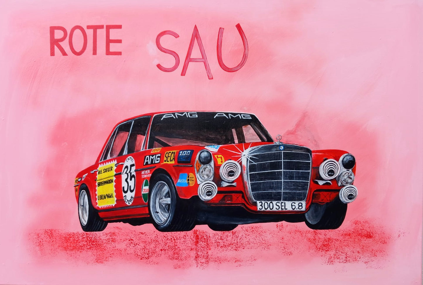 Rote Sau Acryl auf Leinwand Kunst Unikat handgemalt Mercedes AMG 300 SEL 6.8 MMS Living Gesamtansicht 