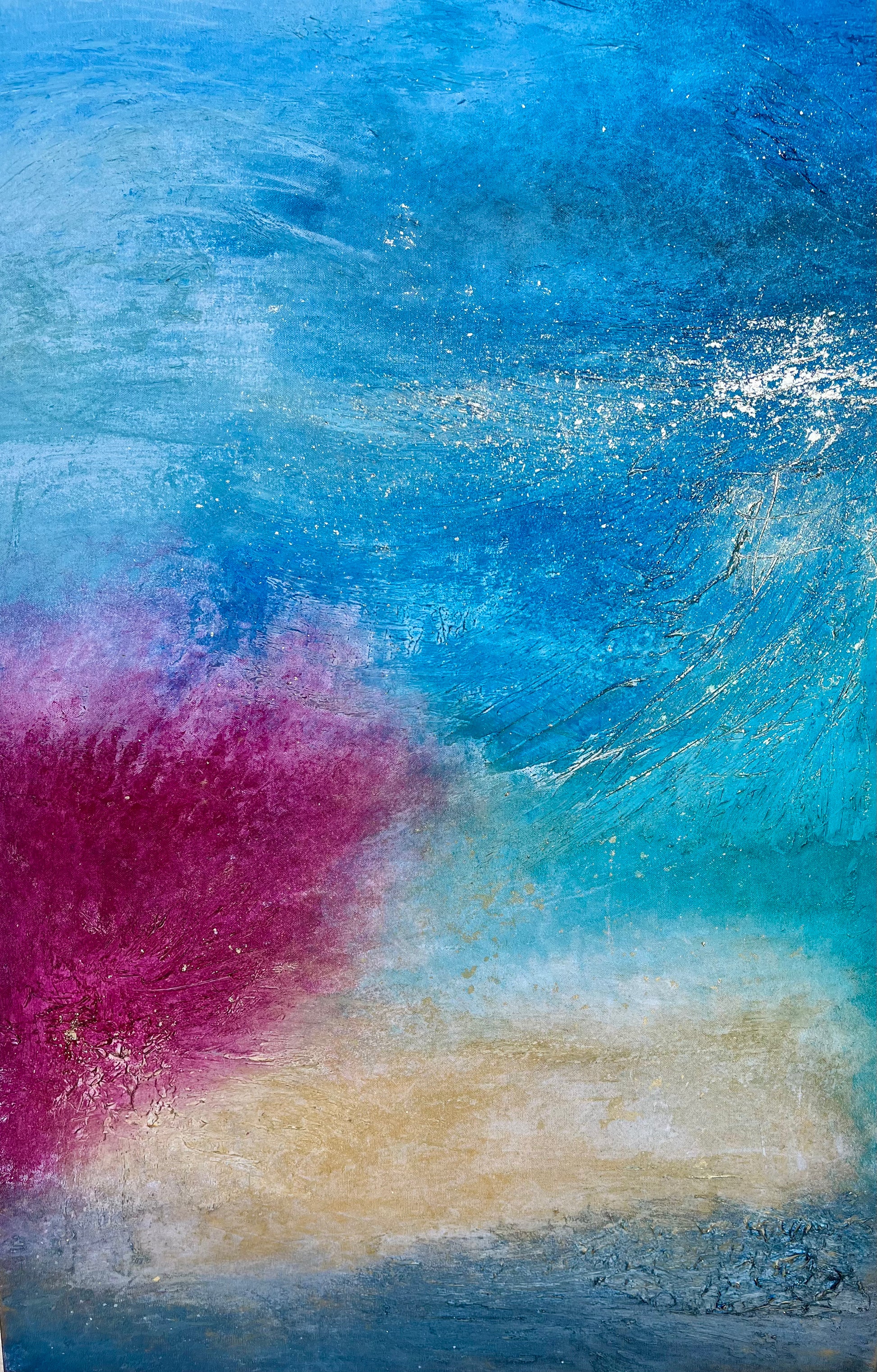 Meeresleuchten 120x80 cm – Farbdetail Acrylbild Unikat MMS Living Mallorca blau gelb magenta leuchtend mit Gold Akzenten