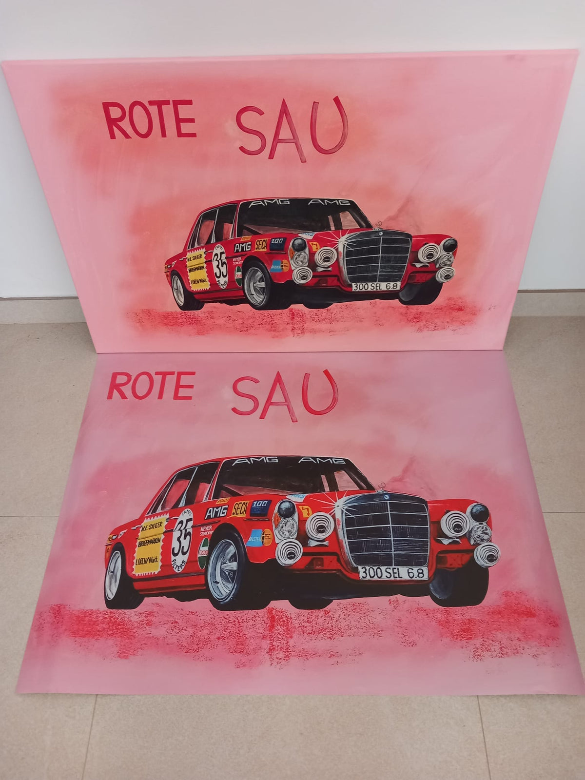 Limitiertes Poster des Originals im Format 70x90 cm. Rennwagen Motorsport Mercedes SEL Rote Sau