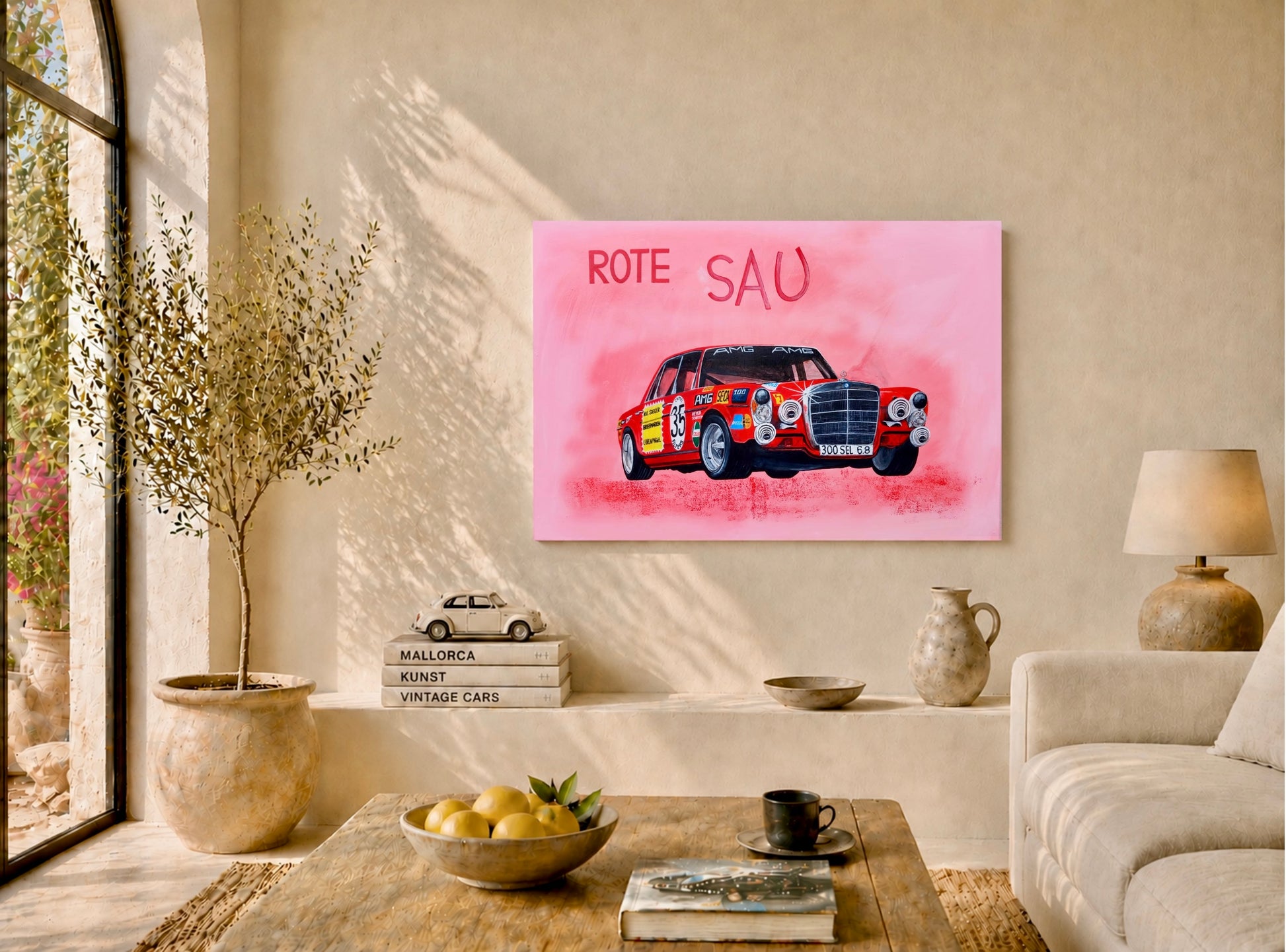 Rote Sau Acryl auf Leinwand Kunst Unikat handgemalt Mercedes AMG 300 SEL 6.8 MMS Living Raumansicht 