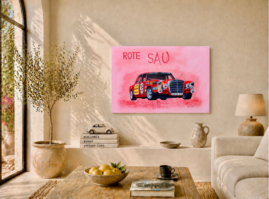Rote Sau Acryl auf Leinwand Kunst Unikat handgemalt Mercedes AMG 300 SEL 6.8 MMS Living Raumansicht 