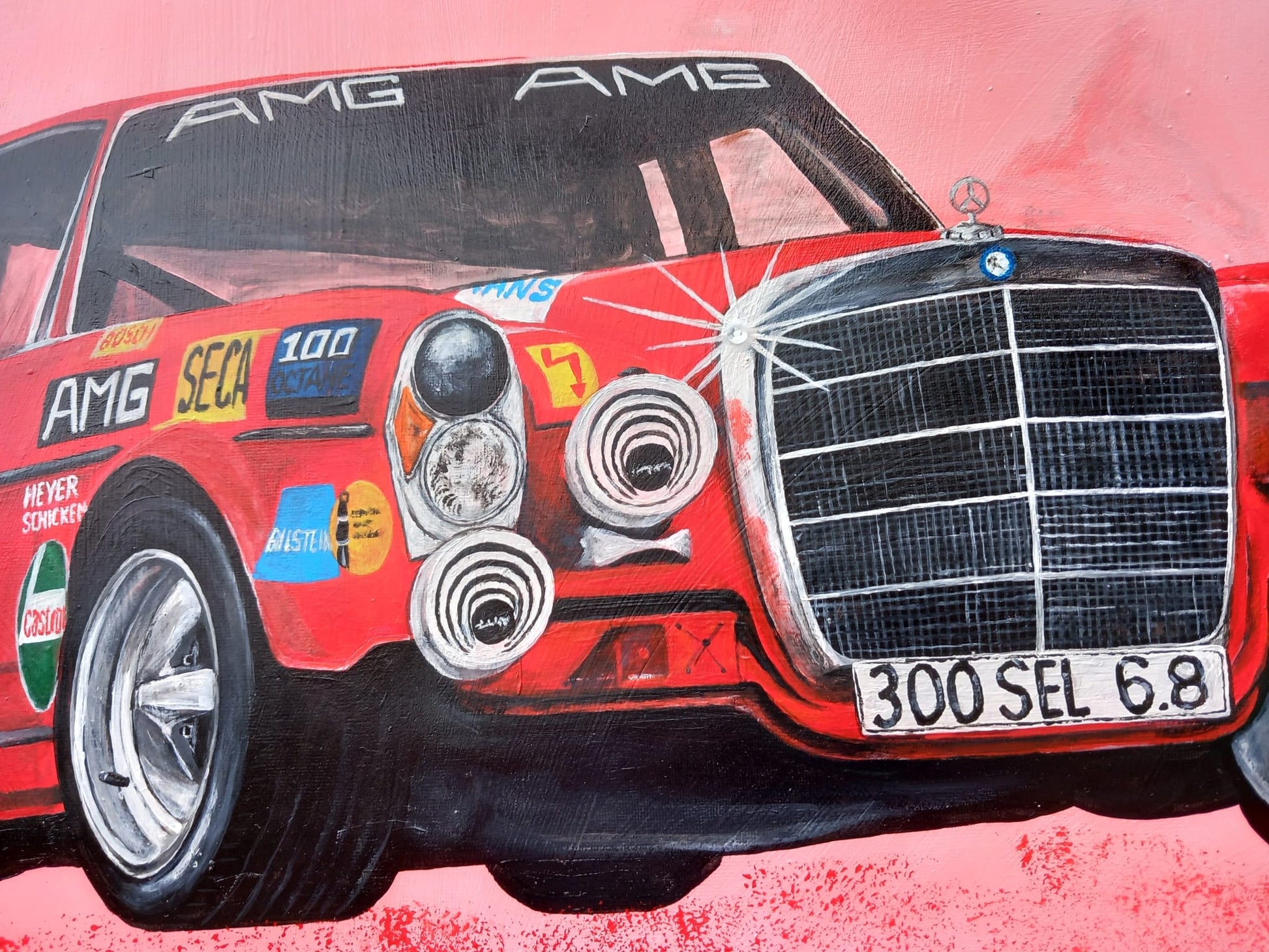 Detailbild Handgemaltes Unikat der roten Sau Rennwagen Mercedes 300 SEL Schicketanz Heyer Acryl auf Leinwand Geschenk Oldtimer Liebhaber Classic Car Art
